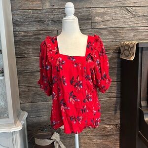 Citrus red blouse with blue and black berry print